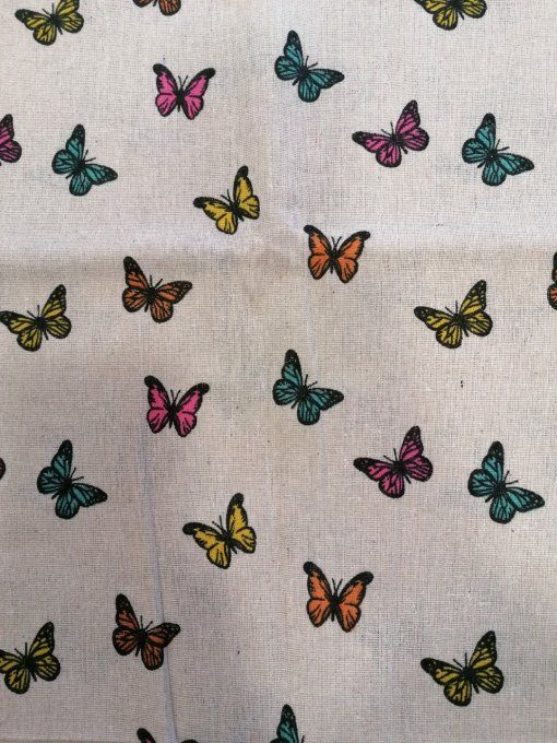 tissu lin fantaisie papillons colorés  100 x 140  cm environ   