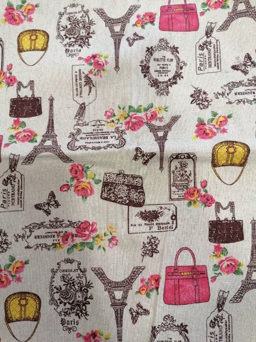 tissu lin fantaisie motifs Paris et sacs   100 x 140  cm environ   