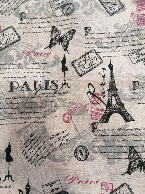 tissu lin fantaisie motifs Paris noir 100 x 140  cm environ    